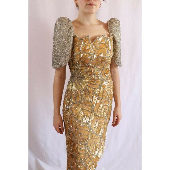Vintage 80's Beaded Evening Gown Dress Gold/Silver Asymmetrical Sequin NWOT - Picture 2 of 12